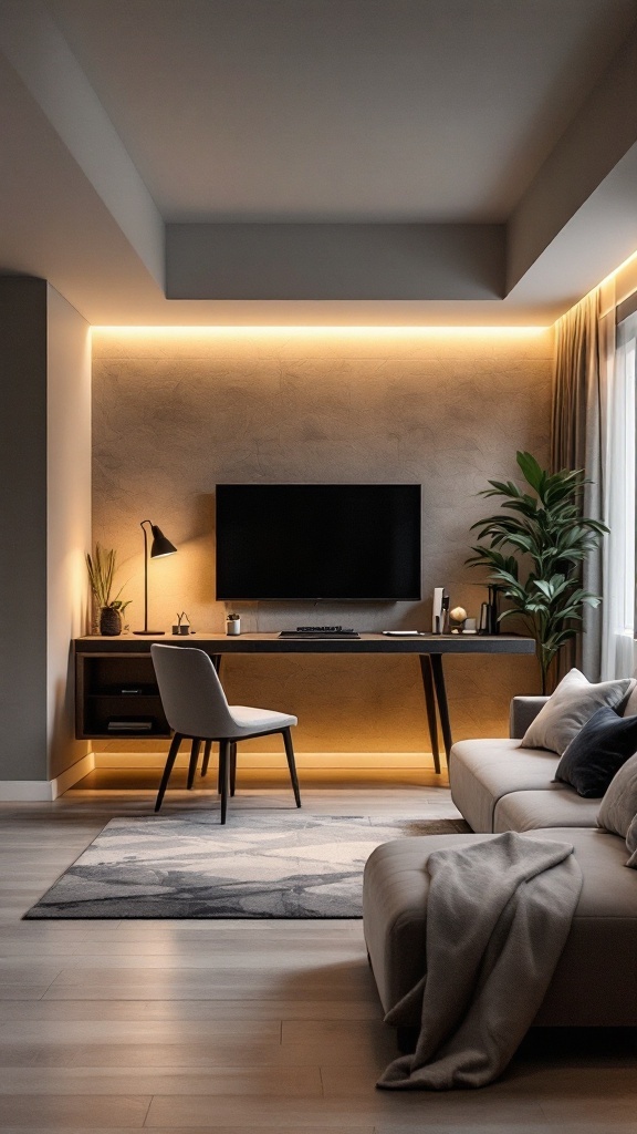 A modern living room with a dark desk, chair, TV, and recessed lighting, featuring a textured wall and a light gray sofa.