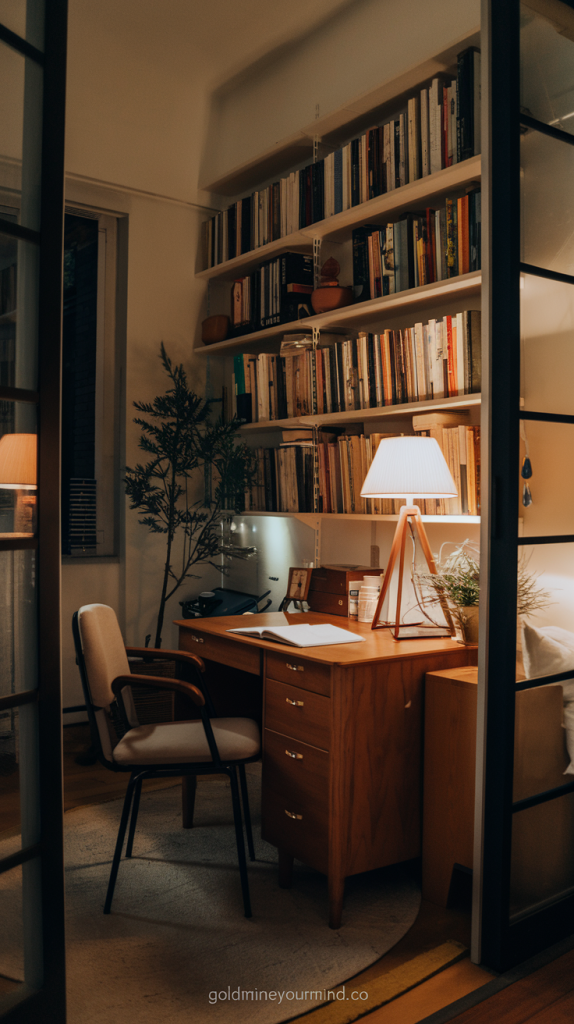 A stylish small setup with a wooden desk, beige upholstered chair, and warm lighting. A bookshelf filled with books adds function and charm. A sleek desk lamp enhances productivity, while glass doors create an open, modern feel. Perfect for maximizing space and efficiency.