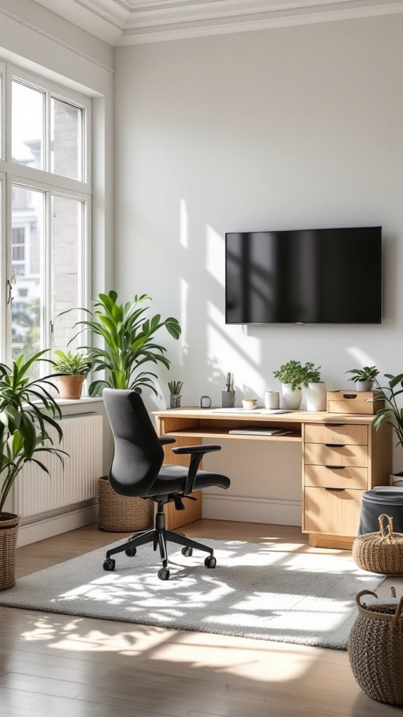 A bright home office with a light wooden desk, black ergonomic chair, mounted TV, and numerous potted plants, next to a large window.