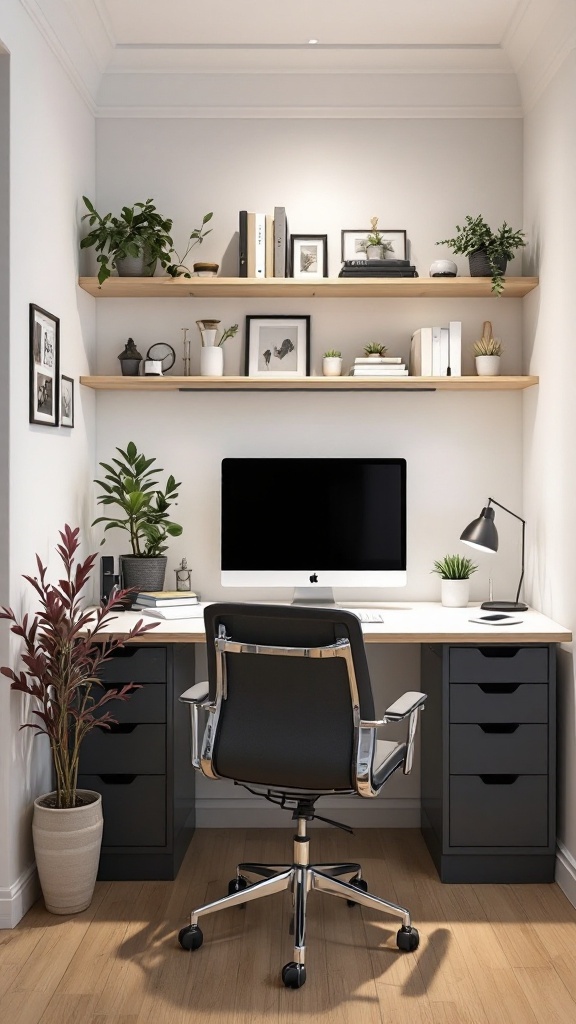 A small, organized home office with a white desk, computer monitor, black chair, floating shelves with plants and books, and a potted plant on the floor.