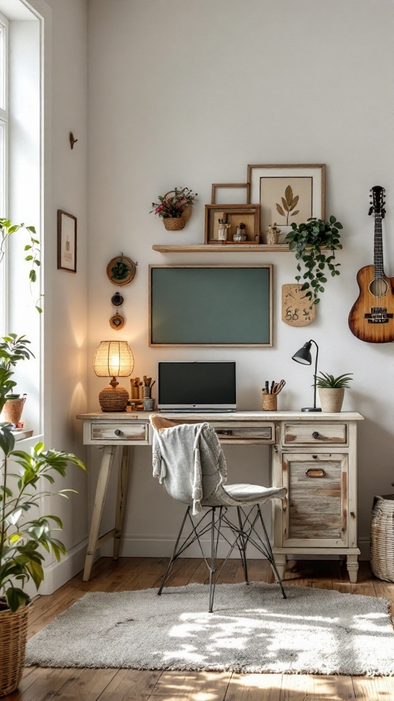 A bright and airy home office with a distressed wooden desk, computer monitor, chair with a throw, framed artwork, potted plants, and a guitar hanging on the wall.