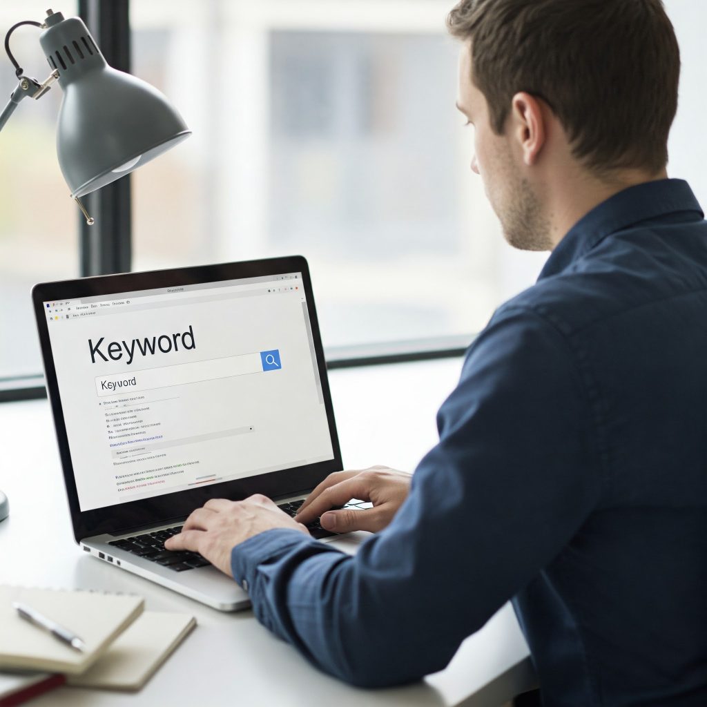 Identifying Effective Keywords A person wearing a dark blue button-down shirt, is focused on a laptop screen displaying a search engine results page (SERP). The word "Keyword" is prominently typed in the search bar, emphasizing the importance of keyword research.