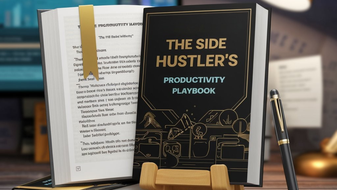 An image of two books on a desk. The book on the right, titled "The Side Hustler's Productivity Playbook" with a black cover and gold design, is displayed on a small wooden easel.