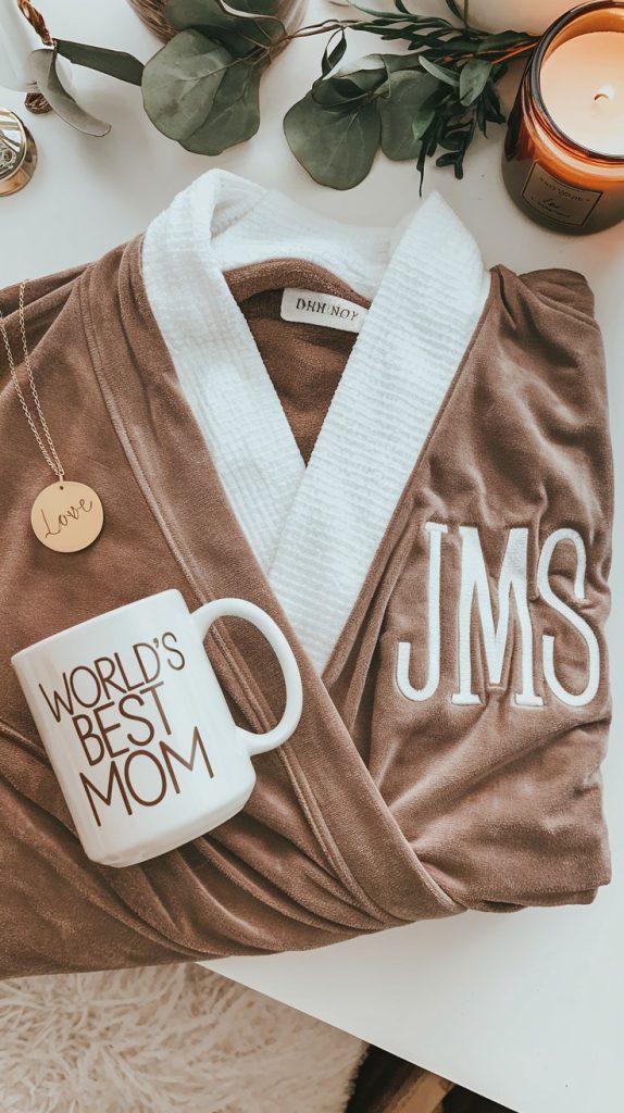 A curated customized gift set with a monogrammed robe, engraved necklace, and mug, ideal for easy things to make and sell on Etsy and Etsy products that sell.