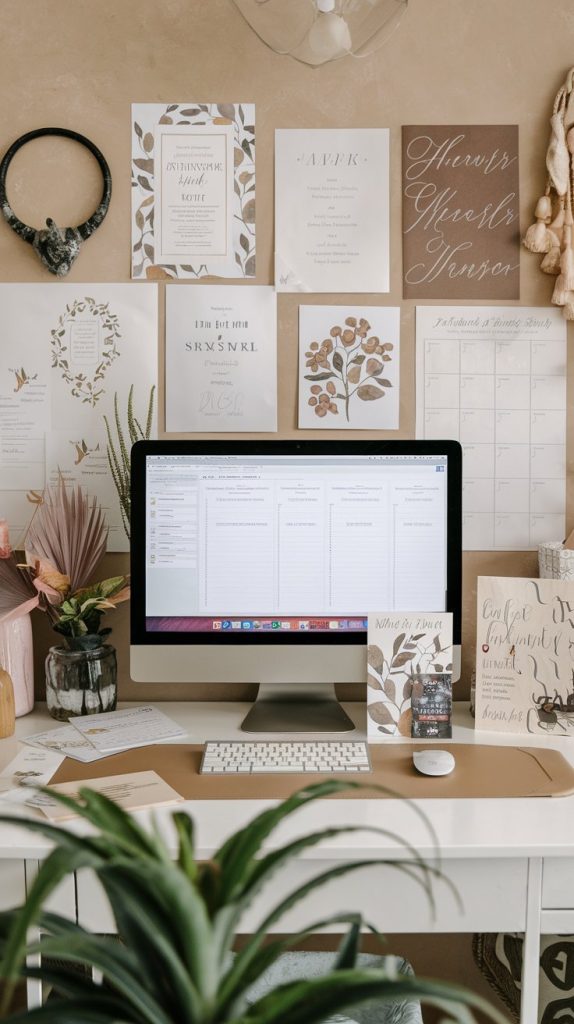 A creative desktop setup with printable designs, digital planners, and wall art for selling digital products on Etsy and how to start an Etsy shop.