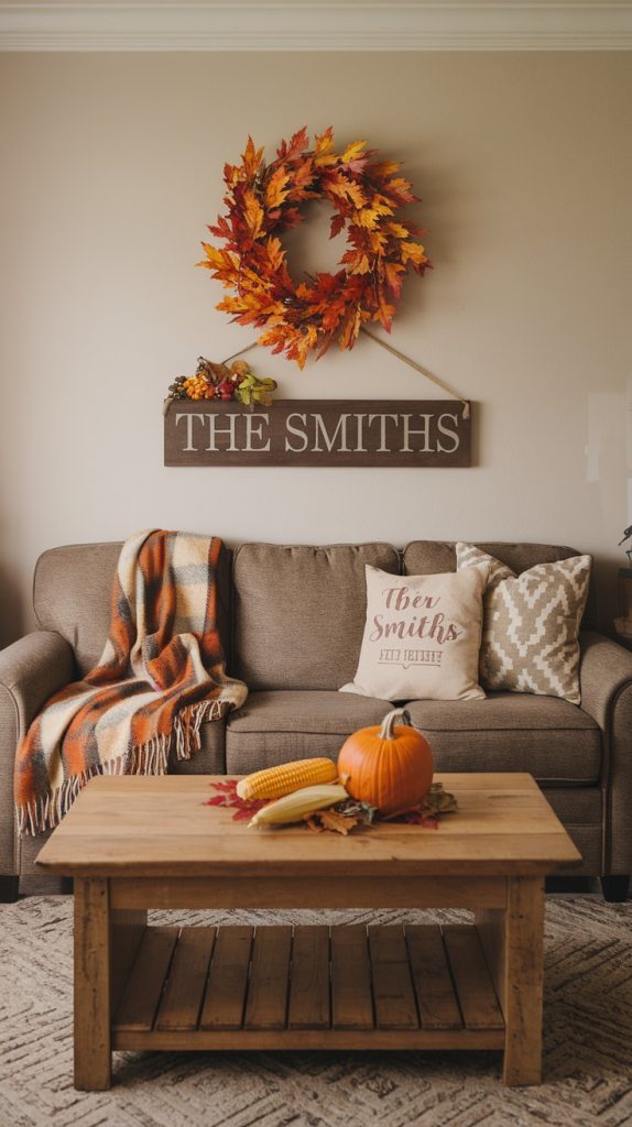 Cozy home decor featuring fall-themed pillows, a pumpkin centerpiece, and a personalized wall sign, highlighting things that sell well on Etsy and Etsy business ideas.