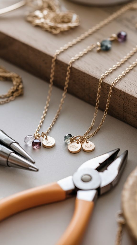 Delicate handmade jewelry with custom engraved tags and gemstones on display, showcasing top Etsy selling items and how to make money on Etsy.