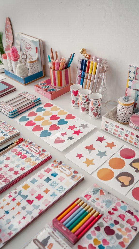 A colorful and organized stationery desk setup full of stickers, notepads, and pens, great for printable ideas to sell on Etsy and best selling printables on Etsy.