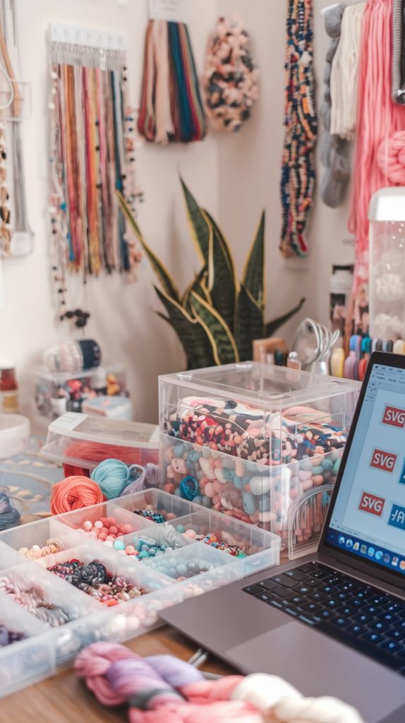A vibrant craft workspace with yarn, beads, and selling digital products on Etsy displayed on a laptop, highlighting DIY to sell on Etsy and Etsy business ideas.