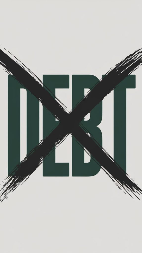 A bold graphic of the word "debt" with a large black “X” painted over it, symbolizing a commitment to paying off debt and achieving financial freedom in your 30s.