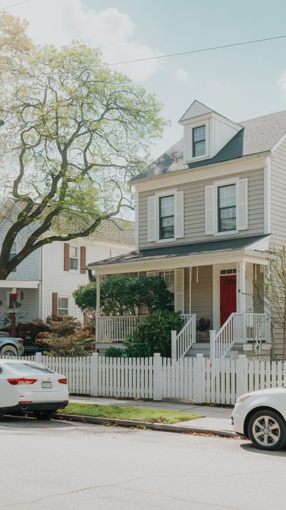 A charming suburban house with a front porch and white picket fence, symbolizing home ownership goals and building long-term financial security in your 30s.