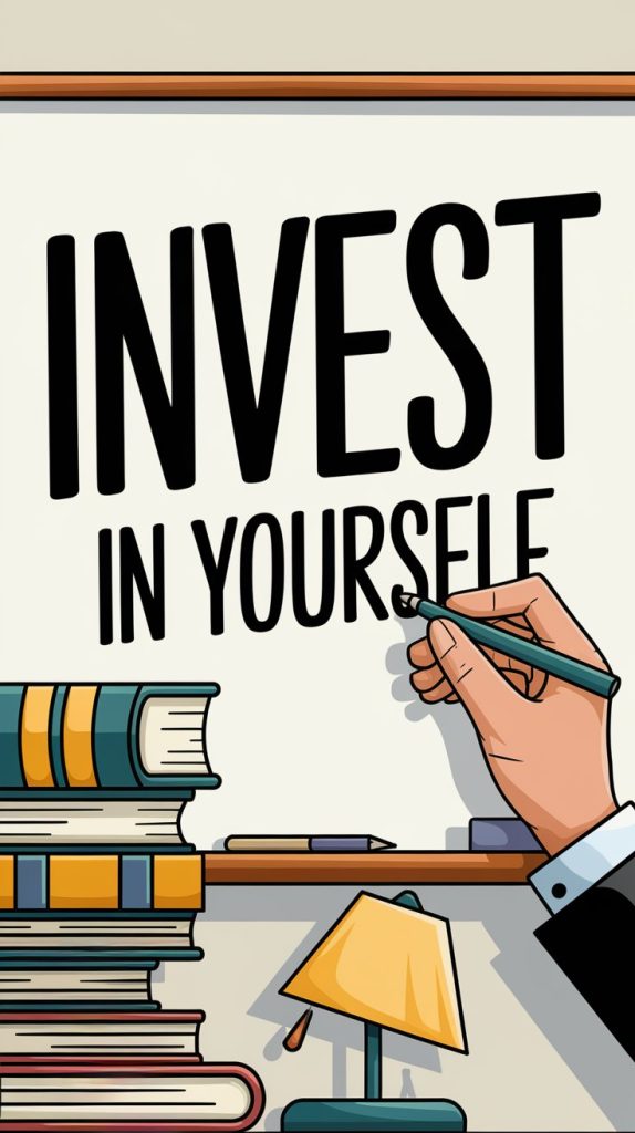 An image with the message "INVEST IN YOURSELF" written on a whiteboard, suggesting the importance of self-improvement and learning, surrounded by books and study materials.