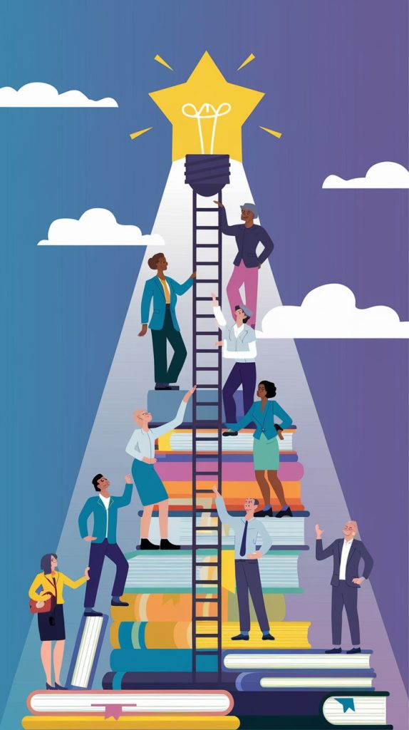 Illustration of professionals climbing a ladder built on stacks of books toward a glowing star, symbolizing how advancing skills and leveling up your career is key to achieving long-term financial goals in your 30s.