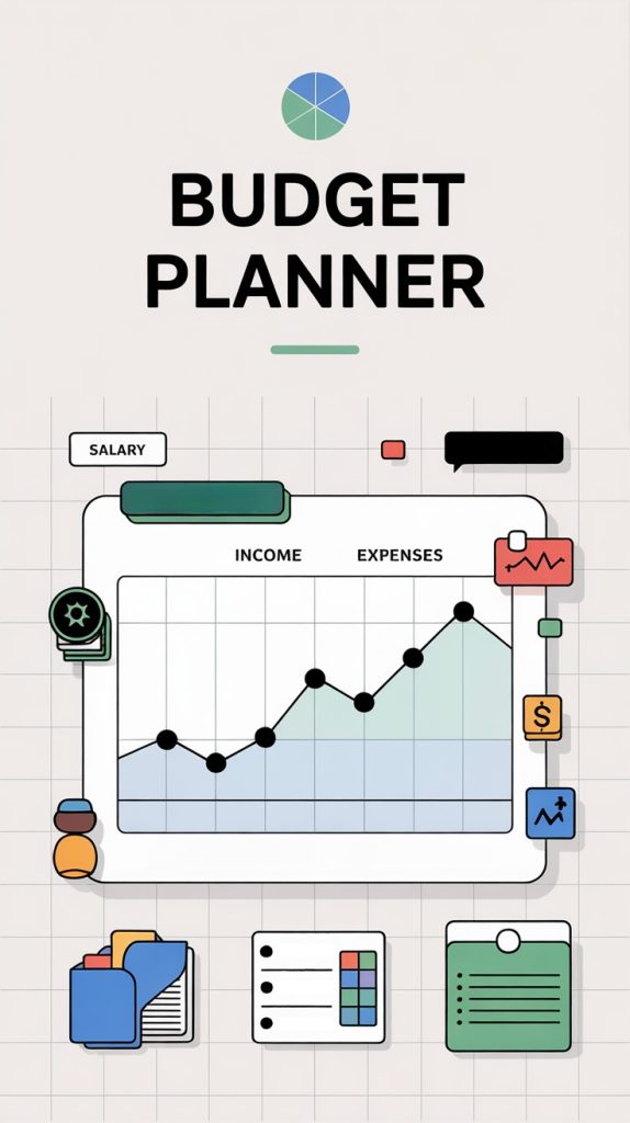 A colorful, illustrated infographic with the title "Budget Planner" at the top, featuring a pie chart icon above the text. Below is a stylized line graph labeled "Income" and "Expenses" with various icons around it representing salary, financial goals, documents, folders, and charts. The background has a light grid pattern, suggesting organization and planning.