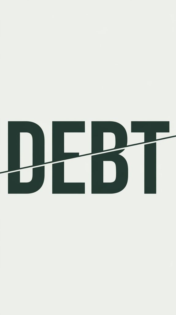 Minimalist graphic with the word “DEBT” in bold, dark green capital letters on a light background. A diagonal line cuts through the word, symbolizing eliminating or reducing debt.