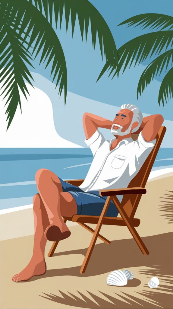 Illustration of a relaxed older man with white hair and a beard lounging in a beach chair under palm trees. He’s wearing a white shirt and blue shorts, smiling peacefully with arms behind his head, enjoying a sunny day by the ocean. Seashells are scattered on the sand nearby.
