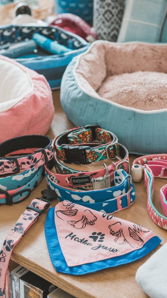 Handmade Etsy products that sell like dog collars, bandanas, and pet beds showcased on a table, ideal for best small business ideas and Etsy success.