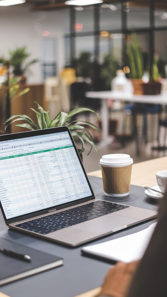 Person reviewing a spreadsheet on a laptop at a workspace with coffee and a notebook, symbolizing the importance of tracking finances and analyzing income streams to review and grow your side income in your 30s.