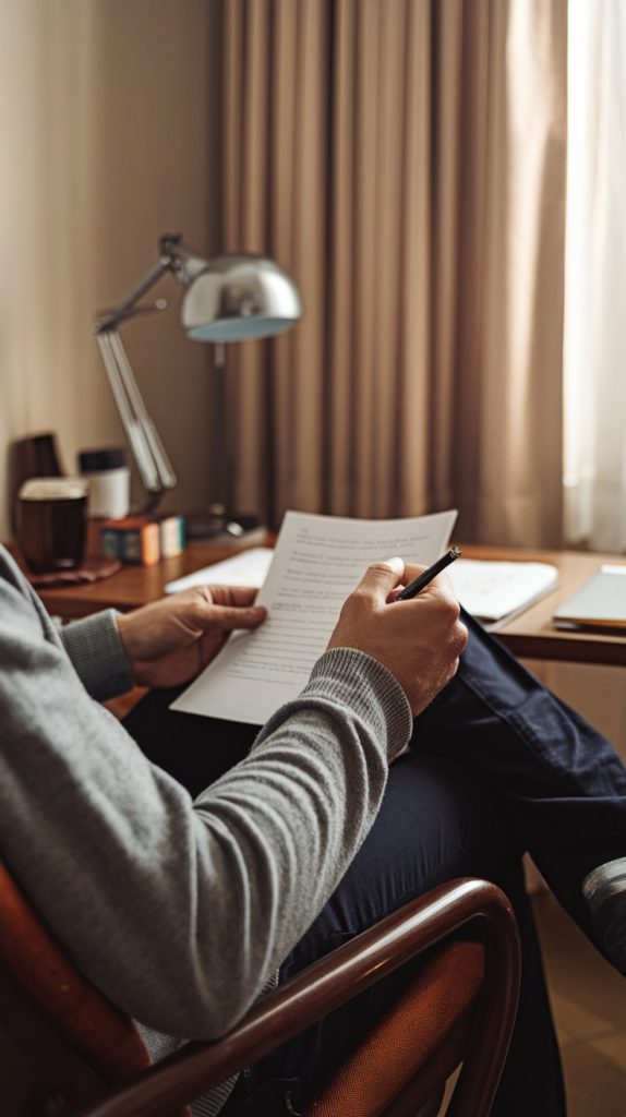 A photo of a man sitting in a chair, holding a pen and a piece of paper. There's a desk in the background with a lamp and a few items. The room has a window with curtains. The overall image has a warm tone.