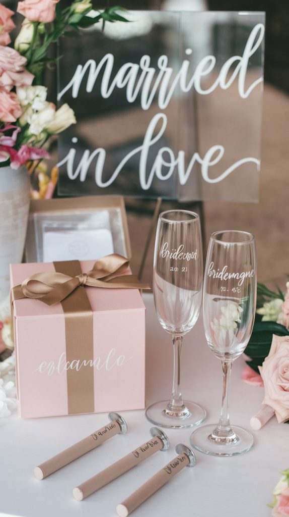 Elegant custom wedding decor and gifts for bridesmaids displayed on a table, perfect for Etsy tips, Etsy shop ideas products handmade, and easy Etsy business ideas.