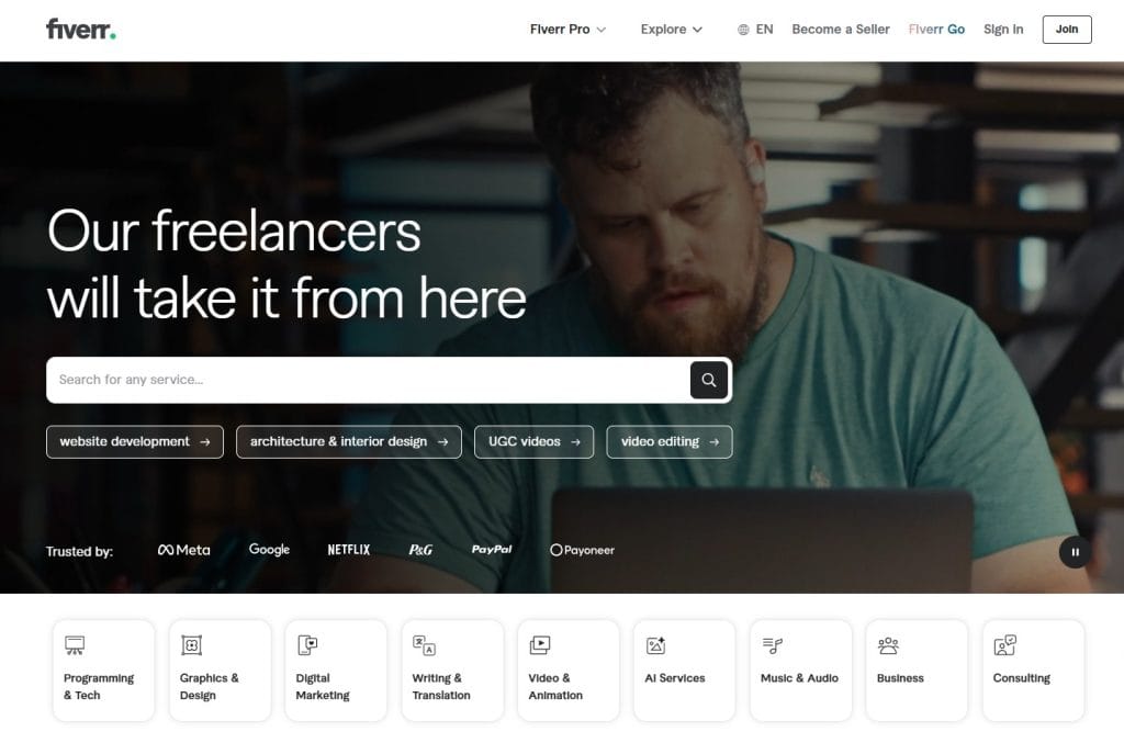 Fiverr homepage showcasing freelancer services like website development and video editing with trusted client logos including Meta and Netflix.