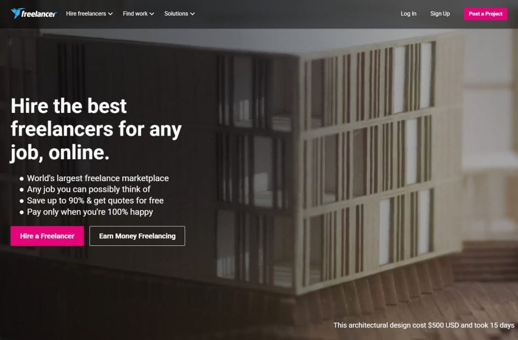 Freelancer.com homepage featuring text promoting the platform as the world’s largest freelance marketplace with a modern building model in the background.