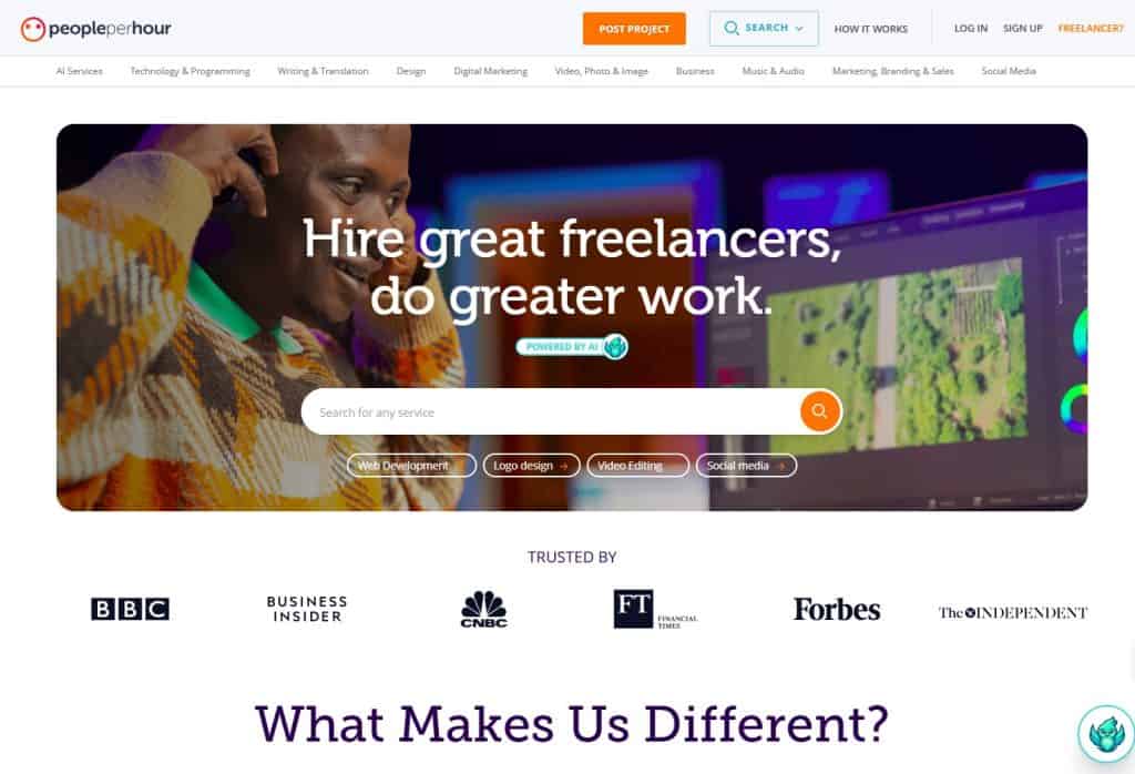 PeoplePerHour homepage showing a freelancer working on a computer with categories like web development, logo design, and video editing.