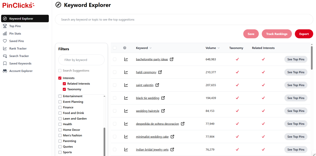 Screenshot of the PinClicks Keyword Explorer dashboard showing trending Pinterest keyword data. Visible keywords include "bachelorette party ideas," "haldi ceremony," and "wedding hairstyle," with corresponding monthly search volumes and top pin suggestions. Filters on the left allow selection by interest category such as Event Planning, Finance, and Health. Keyword research on how to promote your Etsy shop on Pinterest.