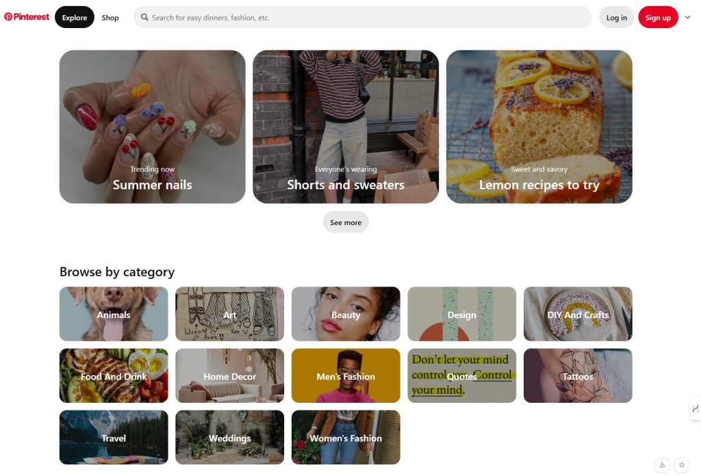 Screenshot of Pinterest's homepage featuring trending topics like summer nails, shorts and sweaters, and lemon recipes, with a category section below displaying options such as Animals, Art, Beauty, Design, DIY and Crafts, Food and Drink, Home Decor, Men’s Fashion, Quotes, Tattoos, Travel, Weddings, and Women’s Fashion.