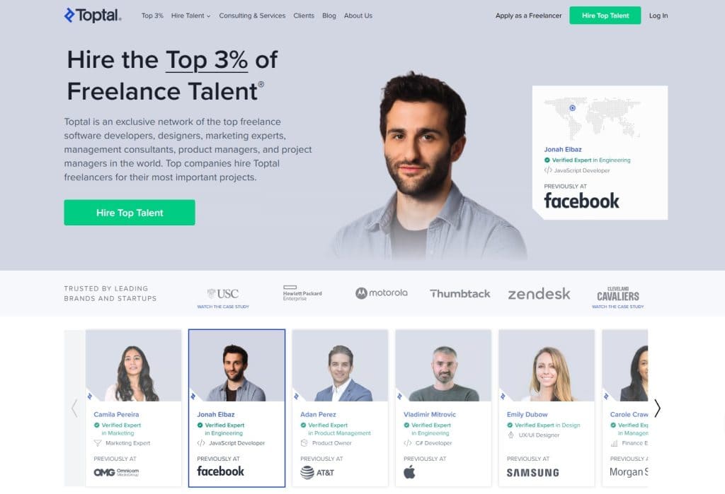 Toptal homepage highlighting the top 3% of freelance talent with featured freelancers and logos of leading client companies.