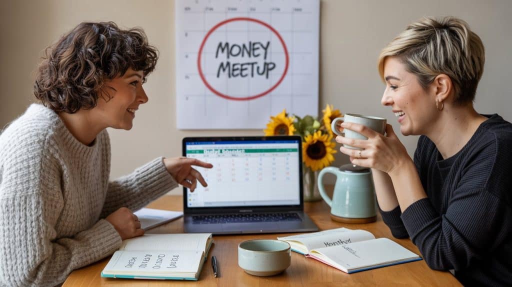 A photograph of two friends collaborating intently at a warmly lit wooden table. One person with curly brown hair is gesturing towards a laptop discussing ways to save $10k in 12 months.
