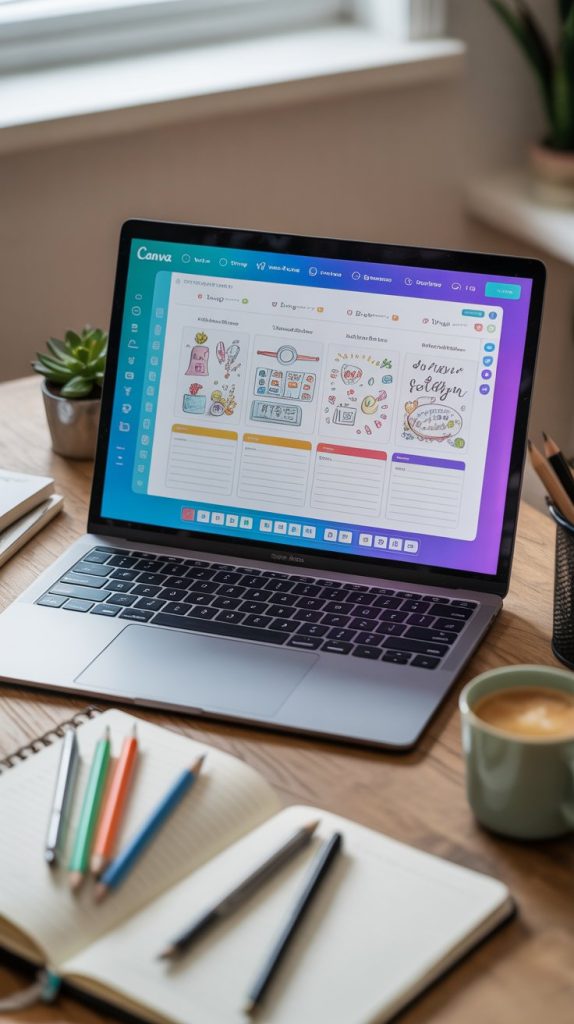 Laptop open to a Canva design project with illustrated planner templates, surrounded by notebooks, colored pencils, coffee, and a small plant.