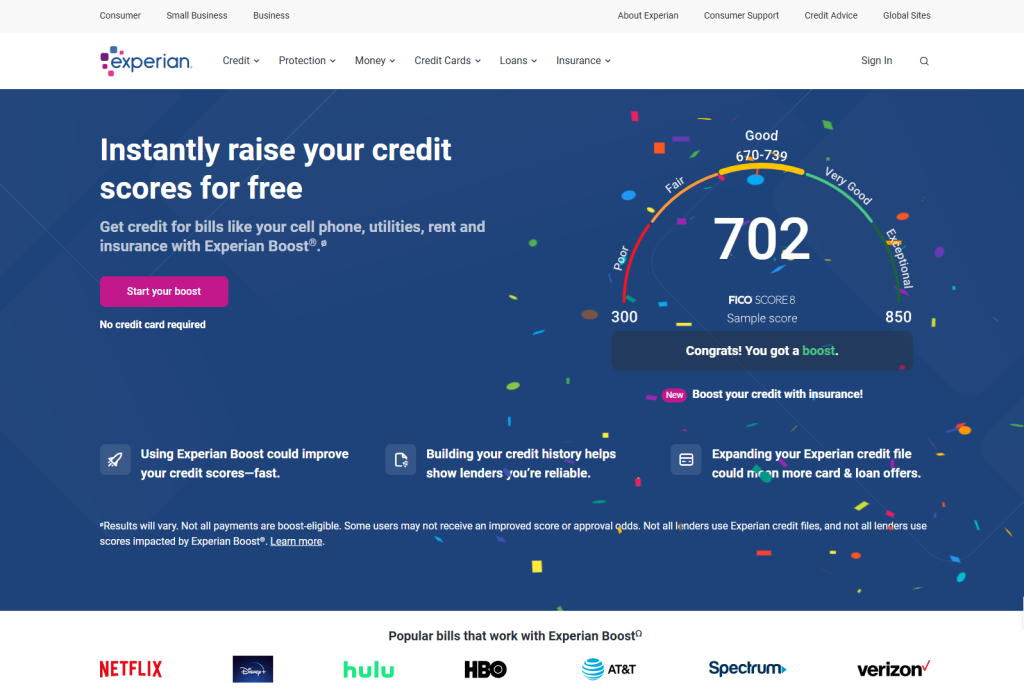 A screenshot of the landing page for Experian Boost to assist with how to build credit without going into debt.