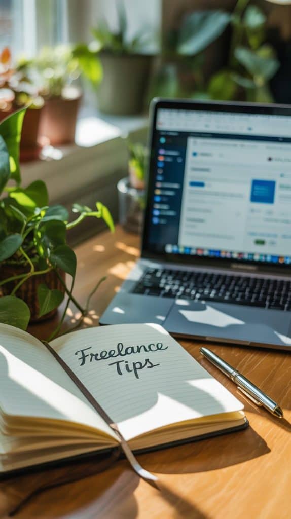 Open notebook with handwritten freelance tips on how to make money on upwork, laptop in the background displaying Upwork dashboard, cozy desk setup with plants and soft light.
