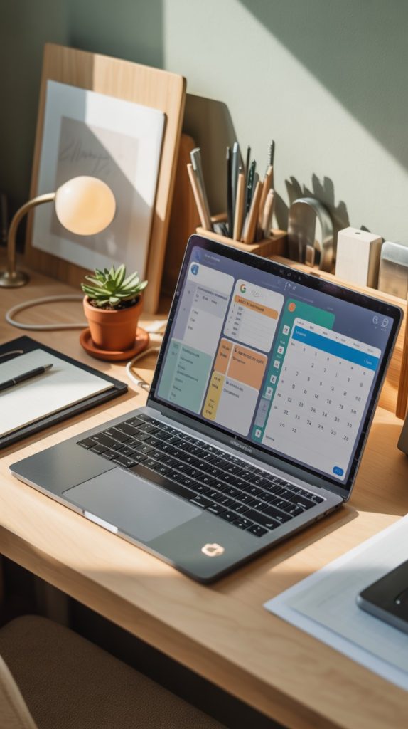 Freelancer’s organized workspace with a digital planner, symbolizing the importance of managing time and tasks.