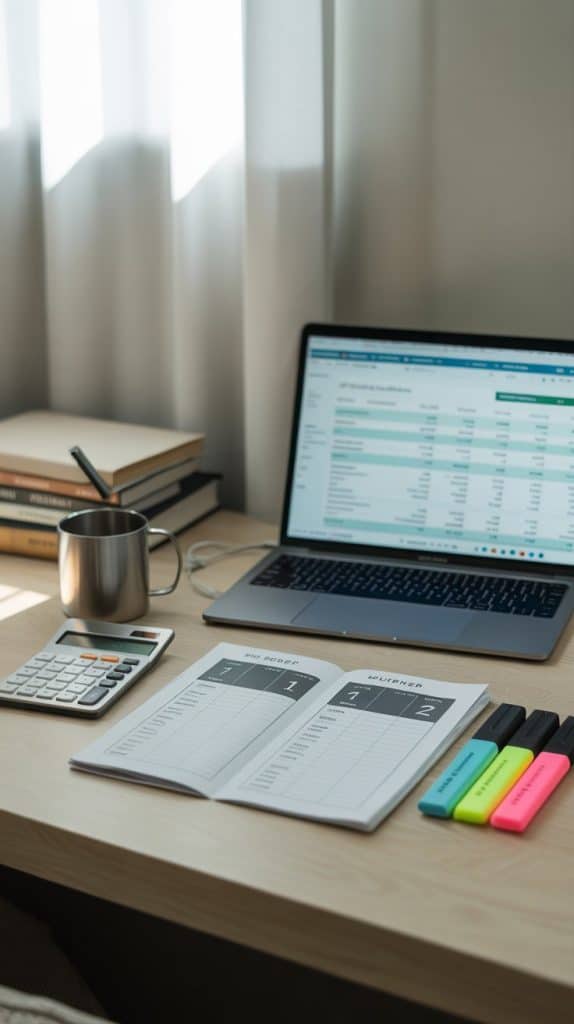 A bright home office setup with a budget notebook opened to “Week 1” and “Week 2” pages, a laptop showing a budgeting tool, a calculator, and highlighters neatly arranged on the desk.