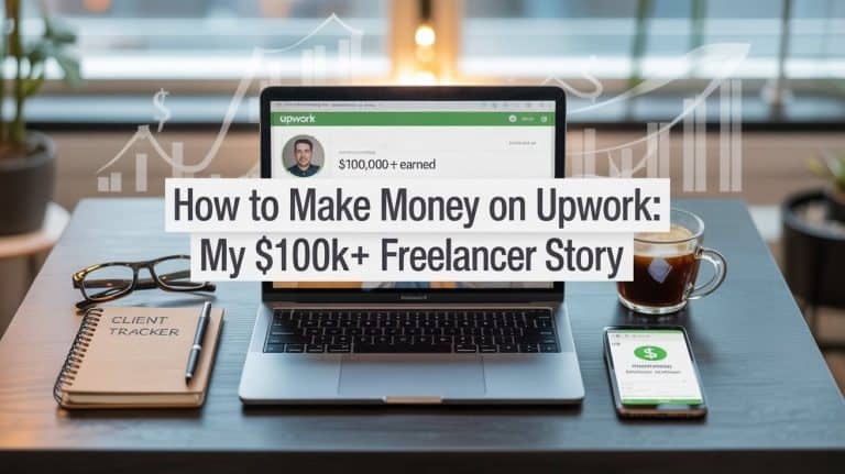 A professional, horizontally-oriented image showcasing an aspirational home office setup, perfect for a motivational online article. A sleek, modern desk holds an open laptop displaying an Upwork profile page.