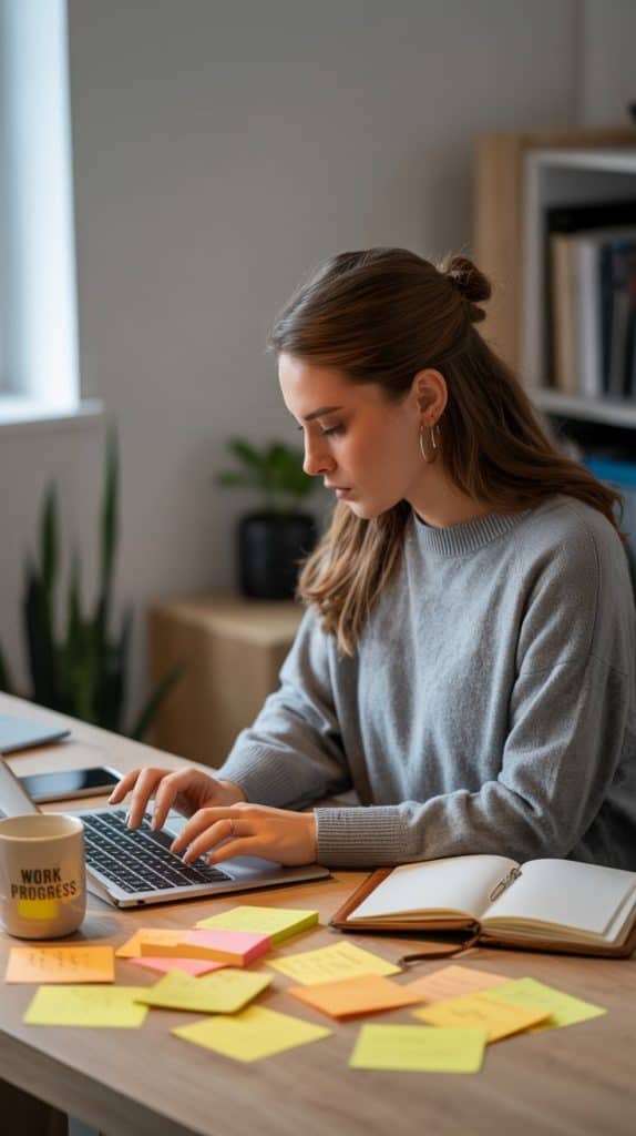 A focused woman in a gray sweater working on a laptop at a desk covered with colorful sticky notes, an open notebook, and a coffee mug labeled “Work in Progress.”