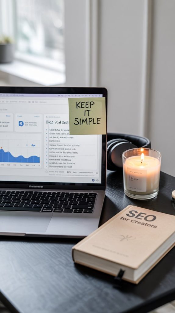 Laptop displaying blog analytics with a sticky note that says “Keep It Simple,” next to a candle, headphones, and an SEO for Creators book.