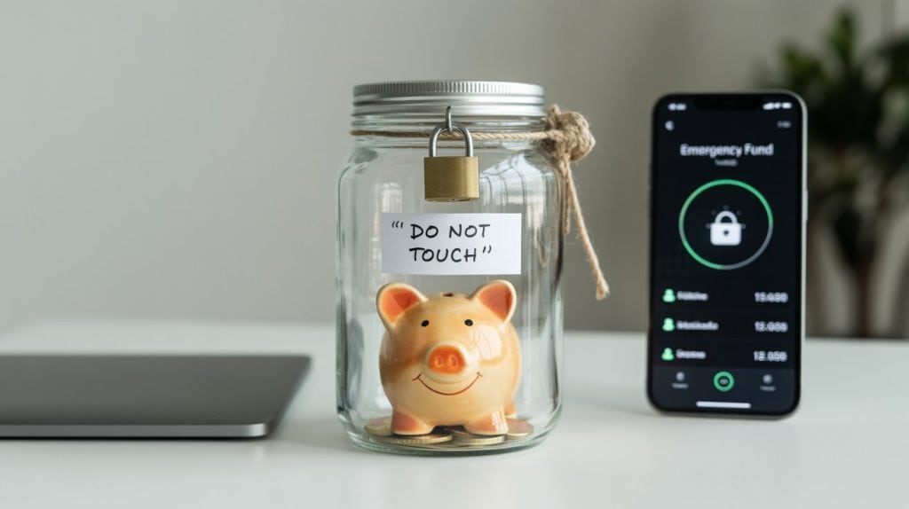 A photograph showcasing a clear glass jar prominently displayed on a clean, minimalist desk. Inside the jar sits a cheerful ceramic piggy bank, secured by a small, silver padlock.