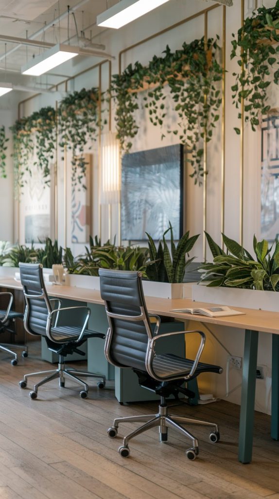 Alt text: A modern office workspace with sleek black chairs lined up at a long wooden desk, surrounded by lush green indoor plants and natural lighting.