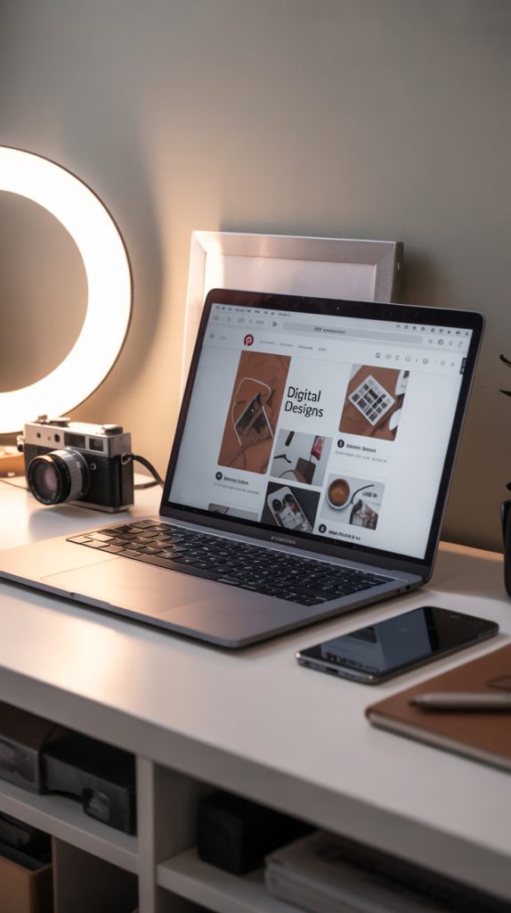 Laptop on a modern white desk displaying digital product designs, with a smartphone, notebook, camera, and ring light in a cozy workspace.