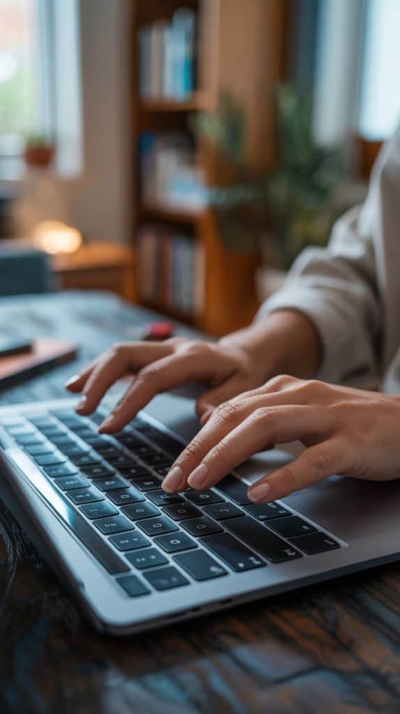 Hands typing on a laptop keyboard with a cozy indoor setting in the background, including shelves with books and houseplants. Person is creating a system that outlines the half payment budget method