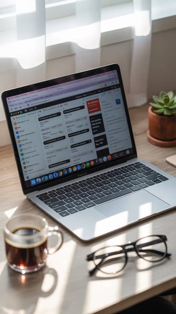Laptop open to multiple browser tabs with competitor research, product listings, and notes on a digital notepad; coffee and glasses on the desk.