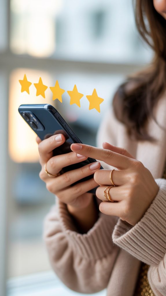 Customer leaving a 5-star review on a smartphone, representing the importance of testimonials for freelance credibility.