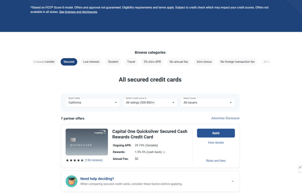 A screenshot of top secured credit cards on the Experian website.