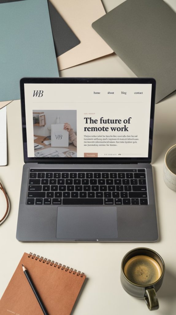 Laptop on a desk displaying a minimalist blog post titled “The Future of Remote Work,” surrounded by notebooks, coffee, and stationery.