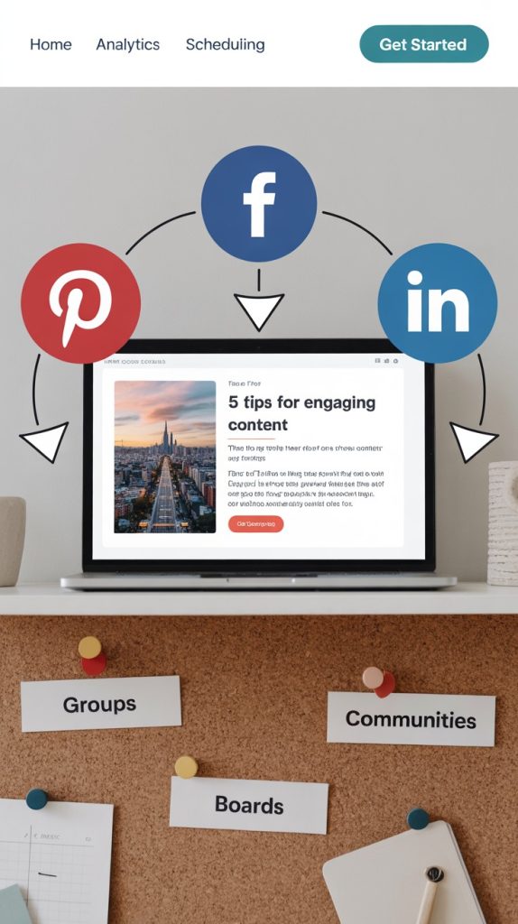 Laptop displaying a blog post titled “5 tips for engaging content” with Pinterest, Facebook, and LinkedIn icons showing content sharing paths.