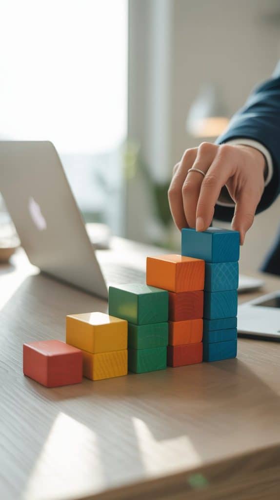 Close-up of building blocks or stepping stones leading upward, with a freelancer’s hand placing the first block on a desk with a laptop in the background.