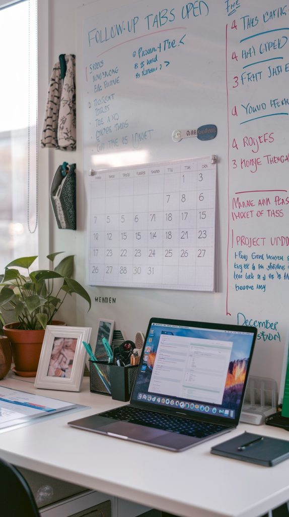 Freelancer’s home office setup with clear schedules and task tracking, emphasizing consistency in freelancing work.